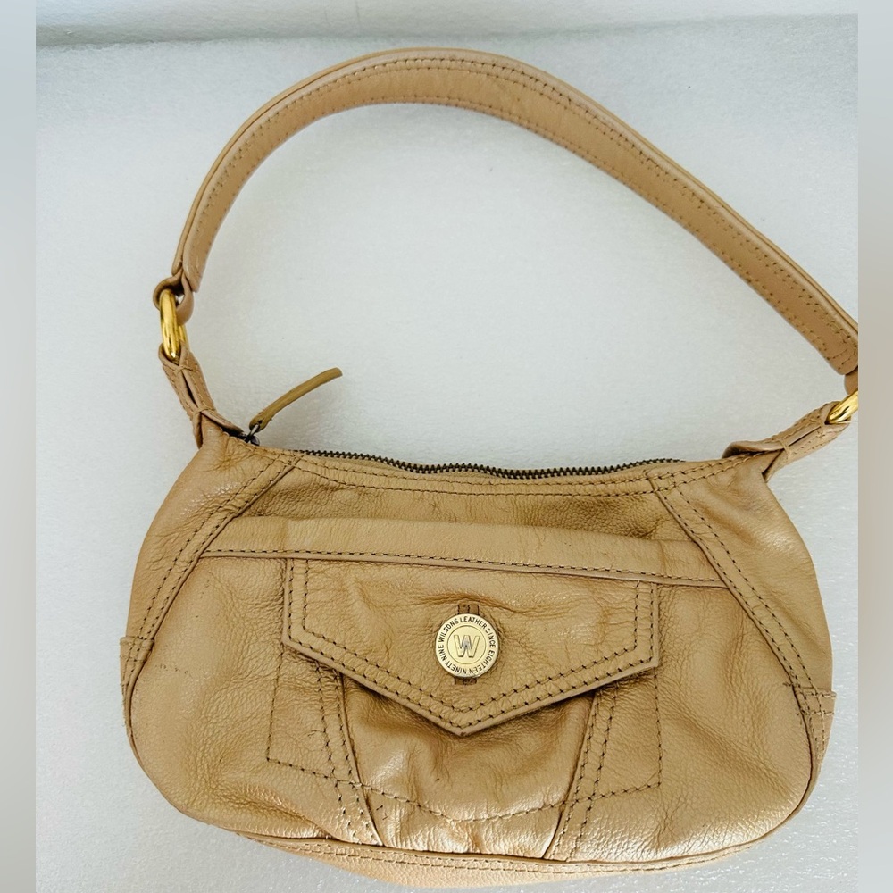 Vintage Wilson's Leather Metallic Gold Mini Shoulder Bag Purse Logo Zipper